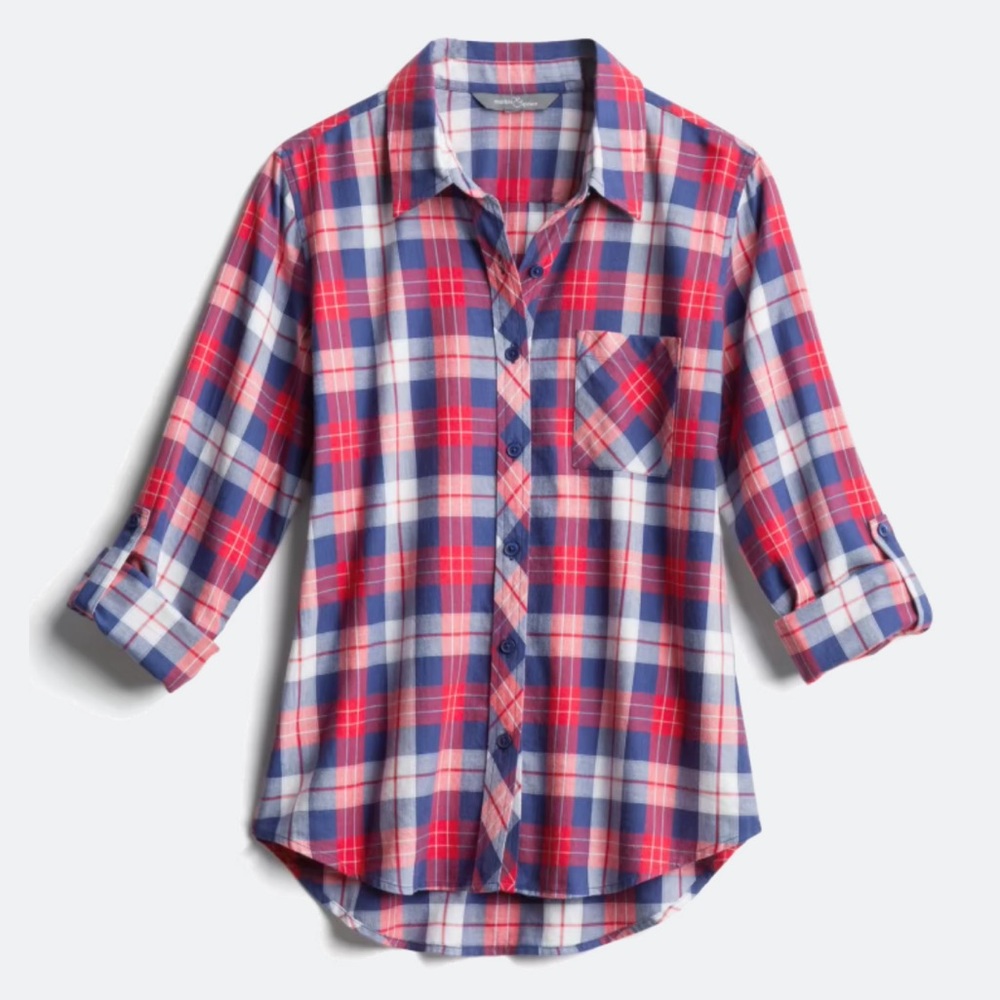 Market & Spruce Jillianne StitchFix red white and blue plaid button up flannel